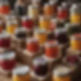 An array of colorful small jam jars showcasing various flavors