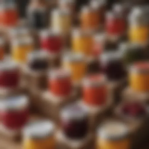 An array of colorful small jam jars showcasing various flavors