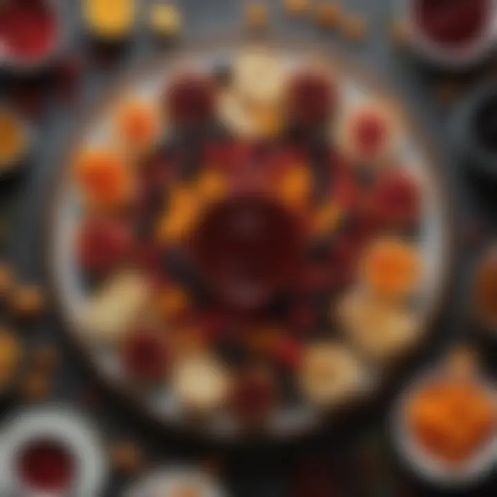 A beautifully arranged platter featuring small jams and complimentary snacks