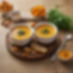 A vibrant bowl of creamy butternut squash soup garnished with fresh herbs