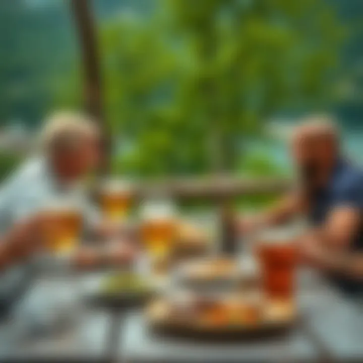 A scenic outdoor setting with individuals enjoying sour beer and gourmet food.