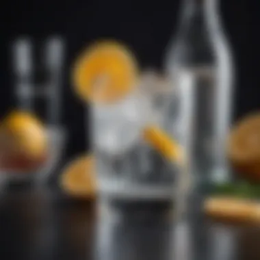 Elegant cocktail glass filled with sparkling water and vodka garnished with citrus slices