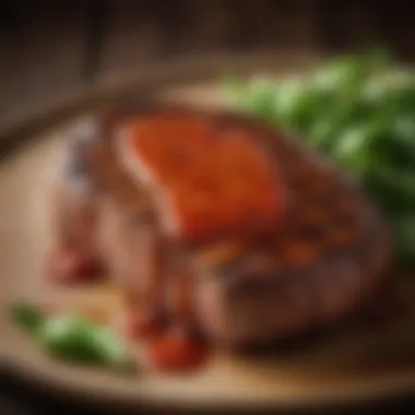 A close-up view of Tabasco steak sauce drizzled over a gourmet steak, illustrating its appetizing appeal.