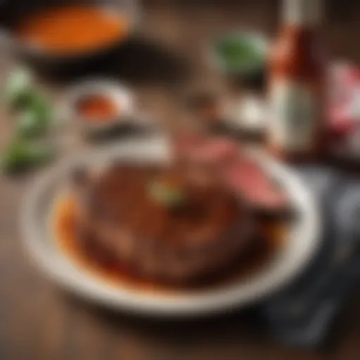 A bottle of Tabasco steak sauce alongside a perfectly grilled steak, showcasing the sauce's rich color and texture.