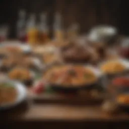 A vibrant spread of gourmet dishes elegantly arranged on a wooden table