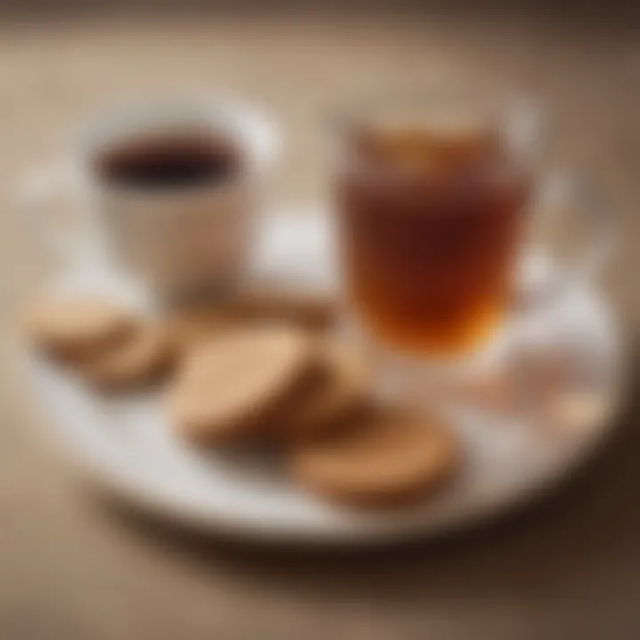 A beautifully styled cup of tea served alongside a plate of digestive biscuits.