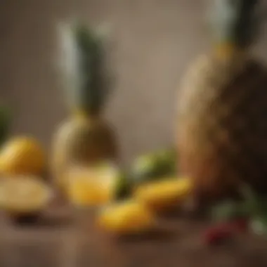 An array of fresh ingredients used to create tequila pineapple punch, including ripe pineapples, tequila bottles, and citrus fruits.