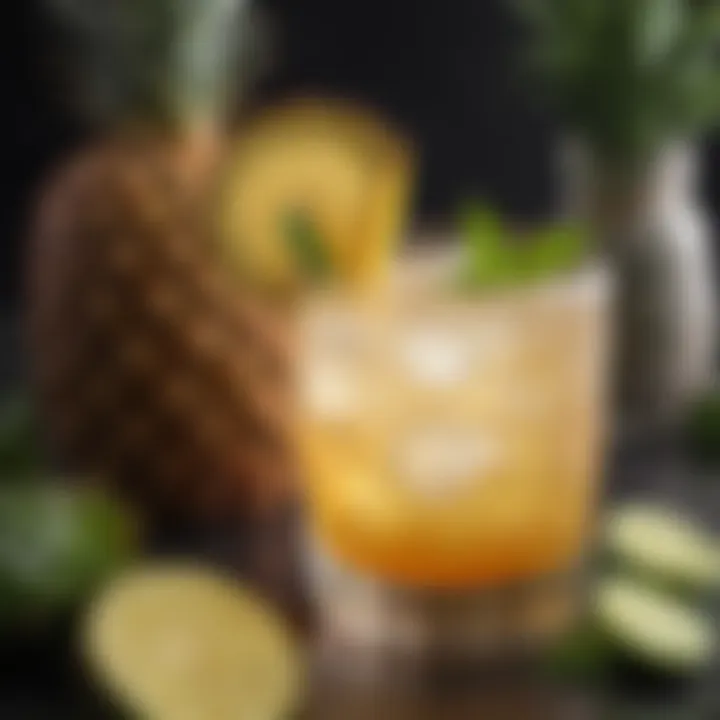 A vibrant cocktail glass filled with tequila pineapple punch garnished with a slice of pineapple and mint leaves.