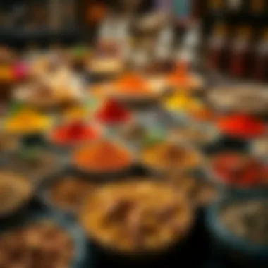 A vibrant display of various spices in decorative bowls, representing global culinary traditions.