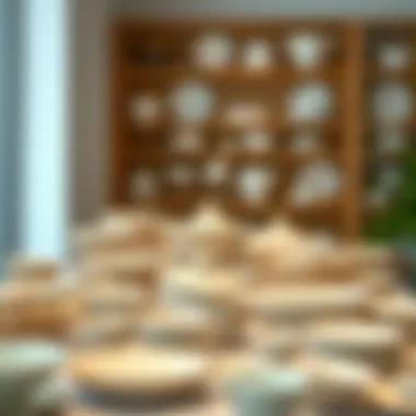 Historical evolution of dishware displayed in a gallery