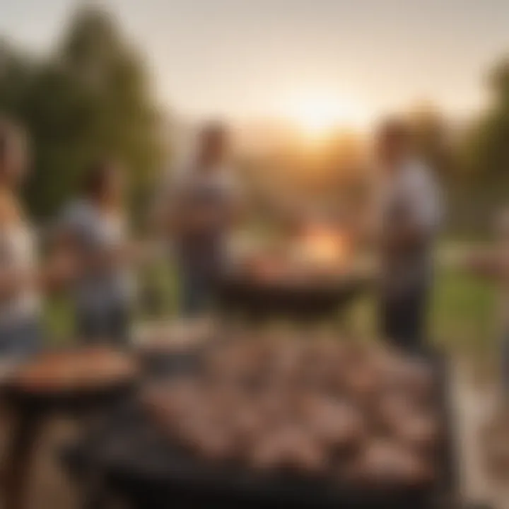 An outdoor gathering with friends enjoying a barbeque under a sunset sky