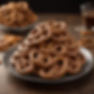 An elegant presentation of chocolate and caramel pretzels on a decorative platter