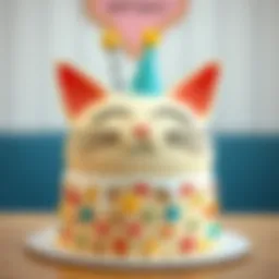 Elegant cat birthday cake adorned with playful decorations