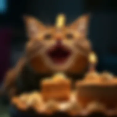 A Joyful Cat Relishing Its Birthday Treat Happy cat enjoying a slice of birthday cake