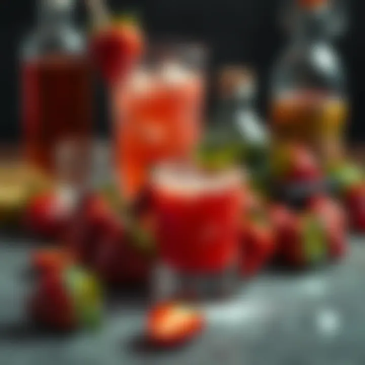 A variety of fresh strawberries and cocktail ingredients laid out