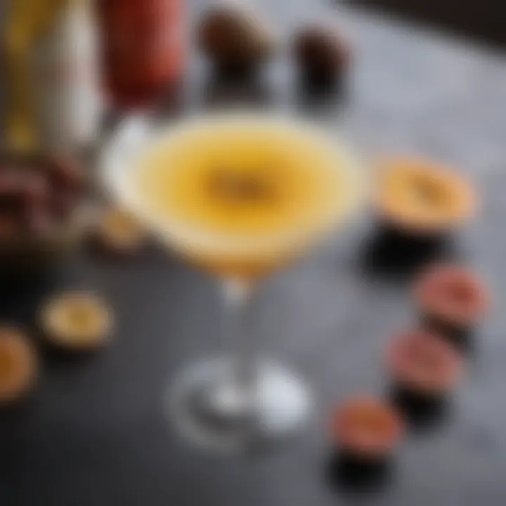 Artistic layout of Porn Star Martini ingredients including vanilla vodka and passion fruit puree