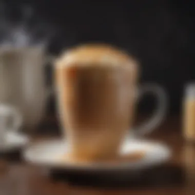 A steaming cup of coffee topped with caramel creamer