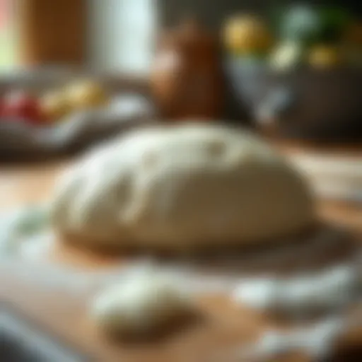 A close-up of freshly kneaded pizza dough on a wooden surface
