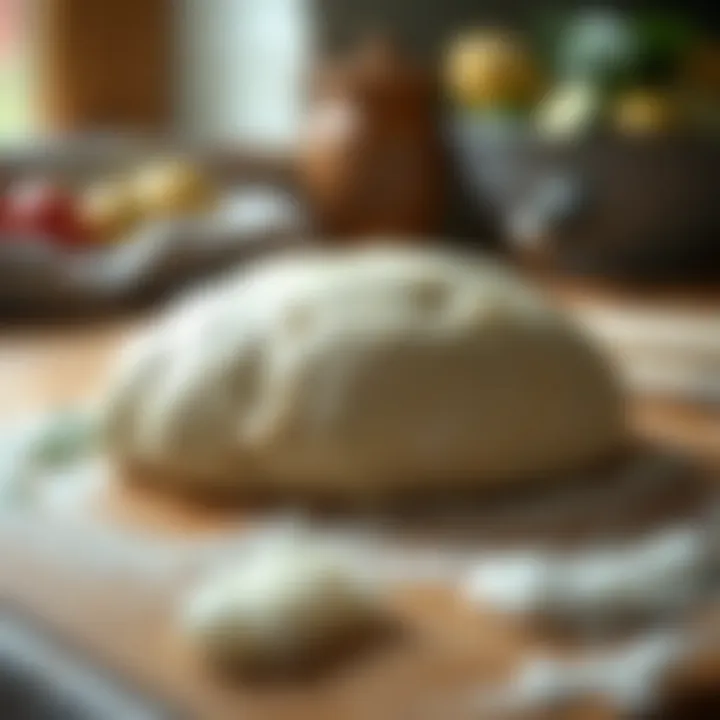 A close-up of freshly kneaded pizza dough on a wooden surface