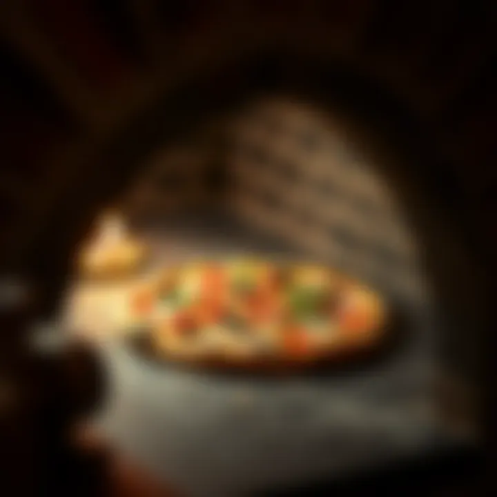 A beautifully crafted pizza emerging from a hot stone oven