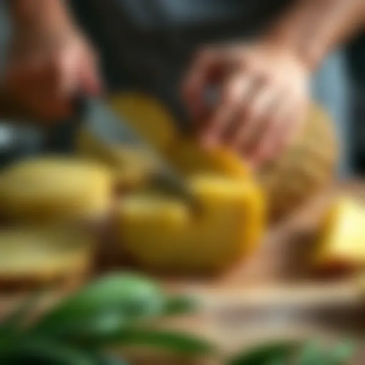 Demonstration of various cutting techniques on pineapple slices