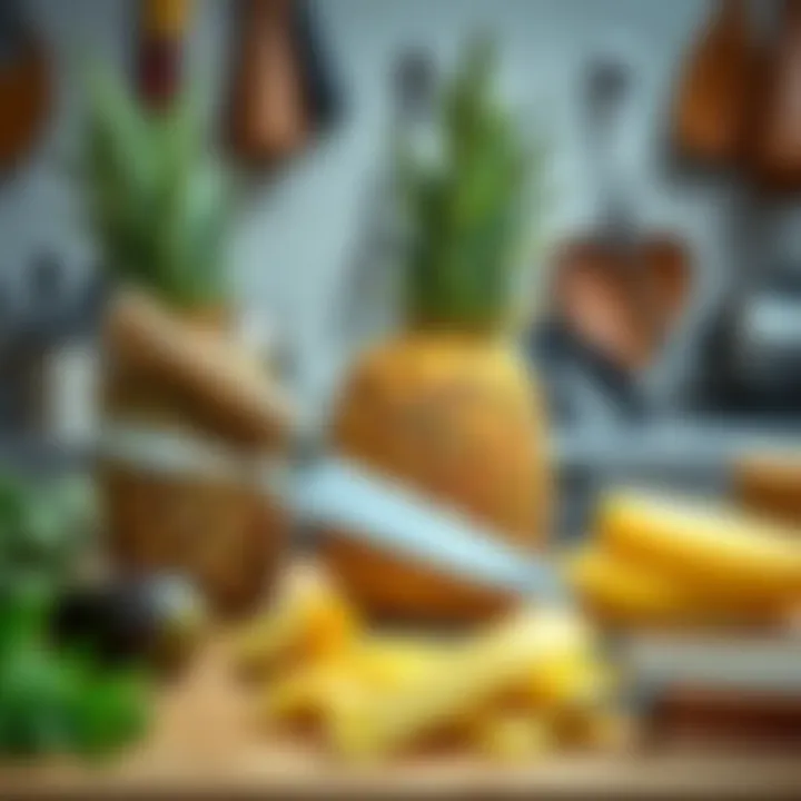 Essential tools for cutting pineapple neatly arranged