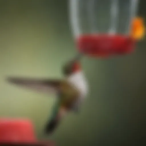 A close-up view of a vibrant hummingbird hovering near a feeder filled with sugar water.