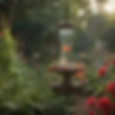 A picturesque garden setting with several hummingbird feeders attracting multiple birds.