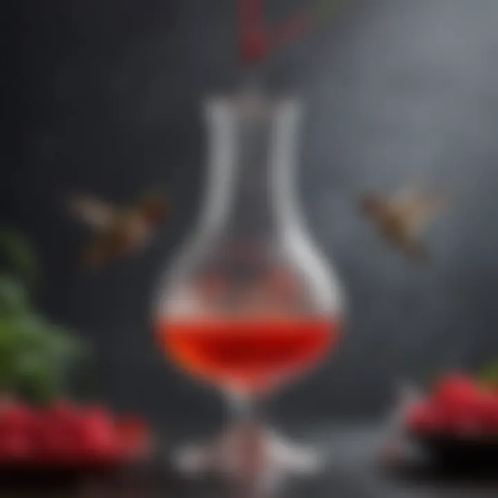 A clean glass feeder specially designed for hummingbirds, filled with bright red sugar water.