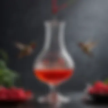 Elegant Glass Feeder for Hummingbirds A clean glass feeder specially designed for hummingbirds, filled with bright red sugar water.