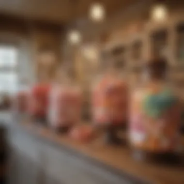 A rustic candy shop interior showcasing jars filled with various gourmet salt water taffy flavors.