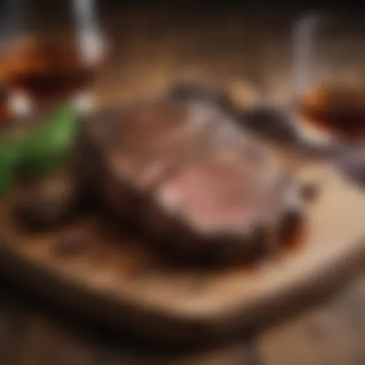 A beautifully cooked steak on a wooden board with whiskey glasses