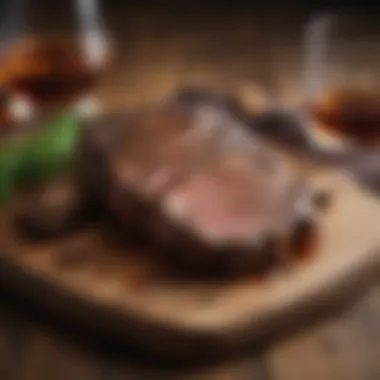 The Allure of Steak and Whiskey A beautifully cooked steak on a wooden board with whiskey glasses