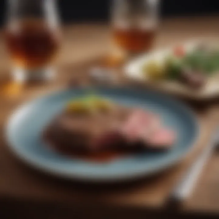 A whiskey bottle and a plate of steak with garnishes