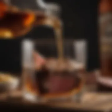 Close-up of whiskey being poured into a glass beside a steak