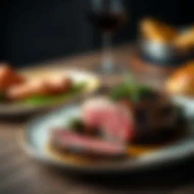 An elegant plate presentation of cooked prime ribeye loin