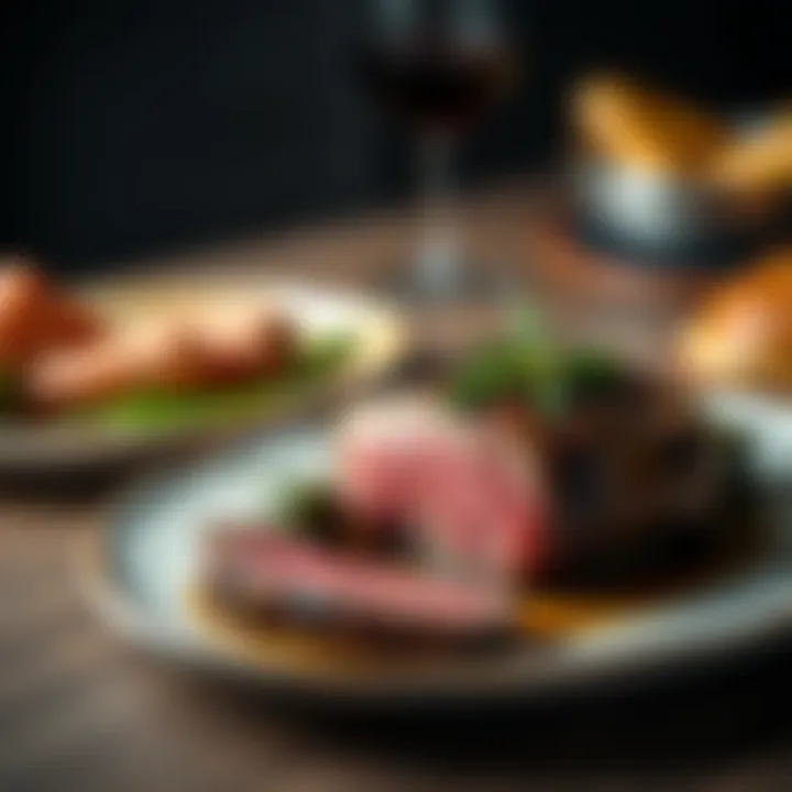 An elegant plate presentation of cooked prime ribeye loin