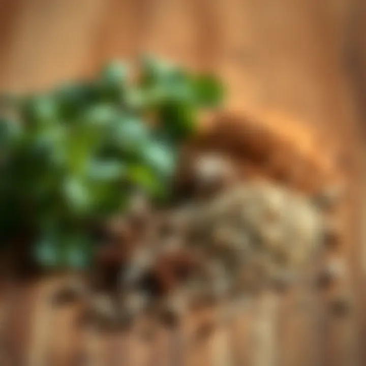 Flavor-enhancing herbs and spices on a wooden surface