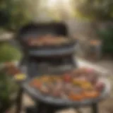 A beautifully arranged outdoor grill setup with various meats and veggies ready for grilling.