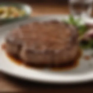 A close-up of a perfectly grilled steak with grill marks, served on a plate.