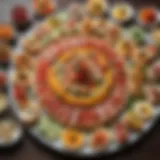 A colorful platter of assorted cold appetizers showcasing global cuisine
