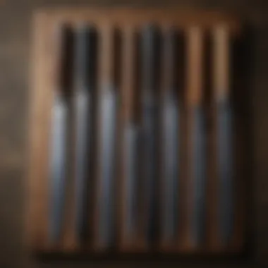 A variety of Japanese knives displayed together in an elegant arrangement