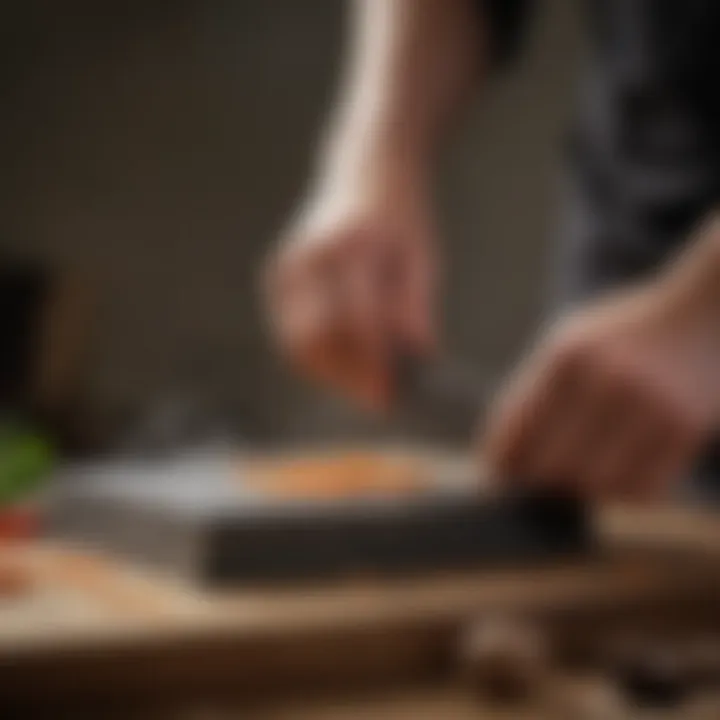 An artisan sharpening a Japanese chopping knife on a traditional whetstone