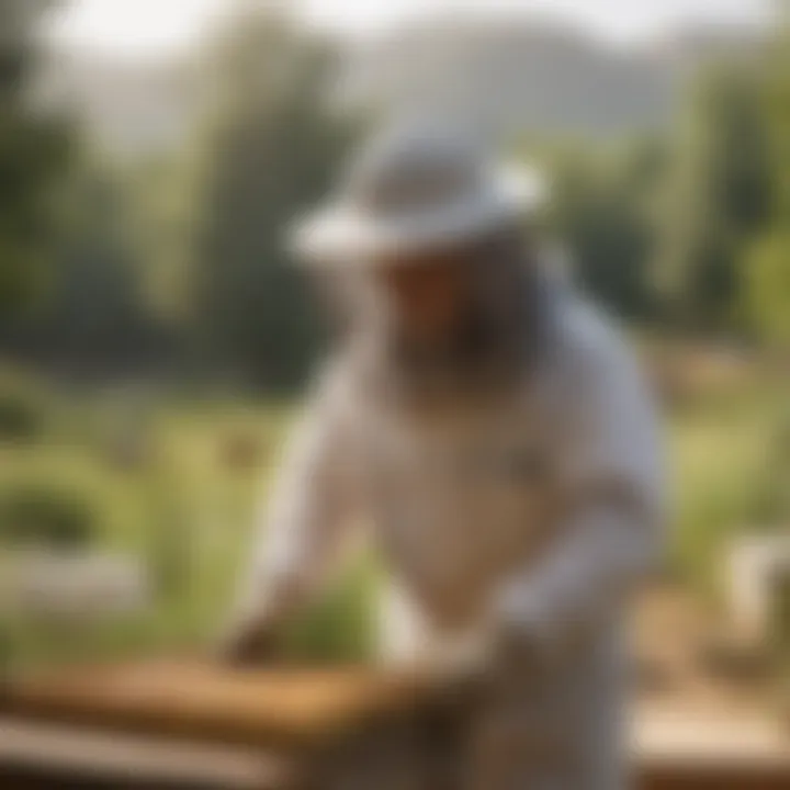 A serene landscape of a bee farm emphasizing sustainable practices