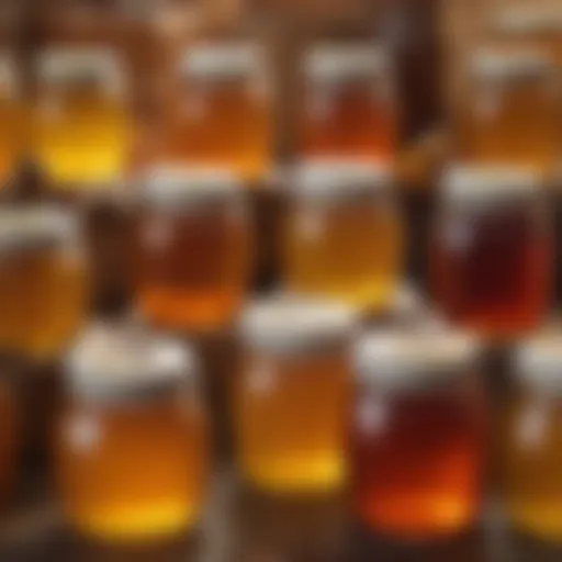 A variety of pure honey in jars showcasing different colors and textures