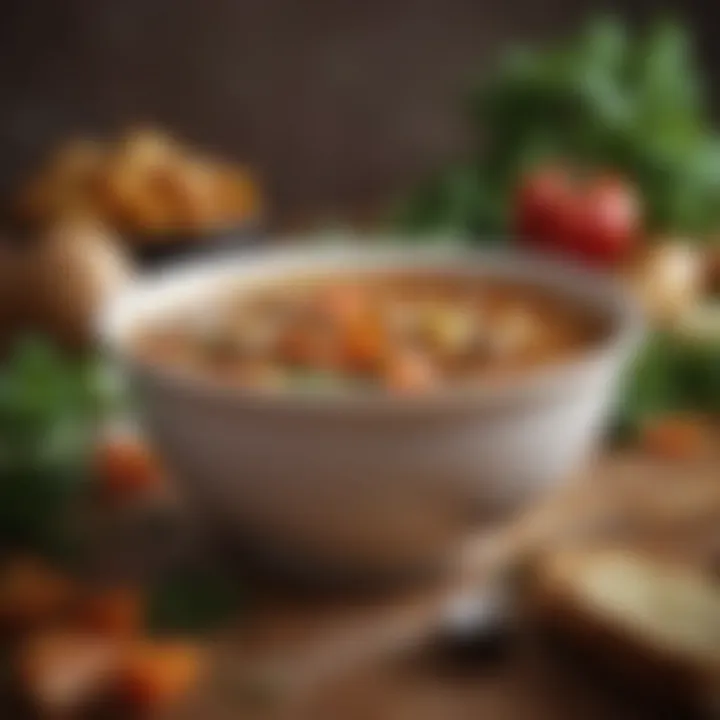 Close-up of a bowl of hearty vegetable soup with garnishes