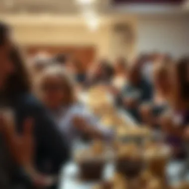 A community gathering enjoying baked treats at a charity bake auction