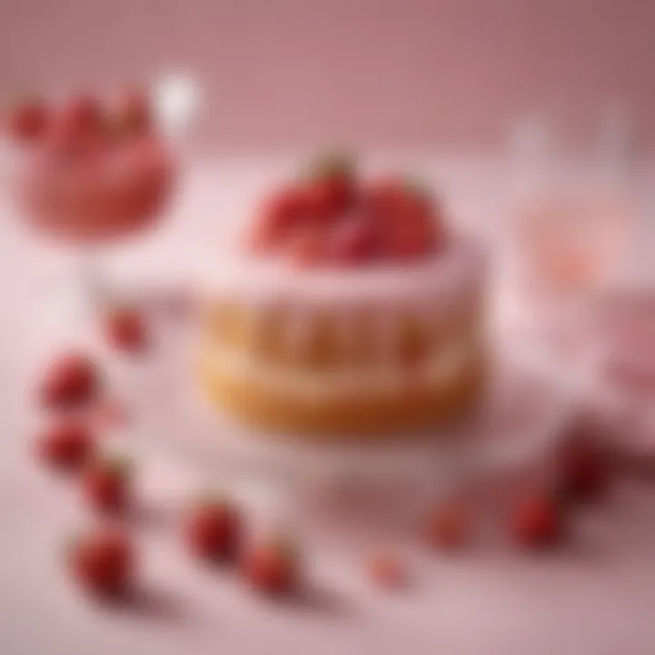 An artistic arrangement of ingredients used for baking pink champagne cakes, including champagne and fresh strawberries