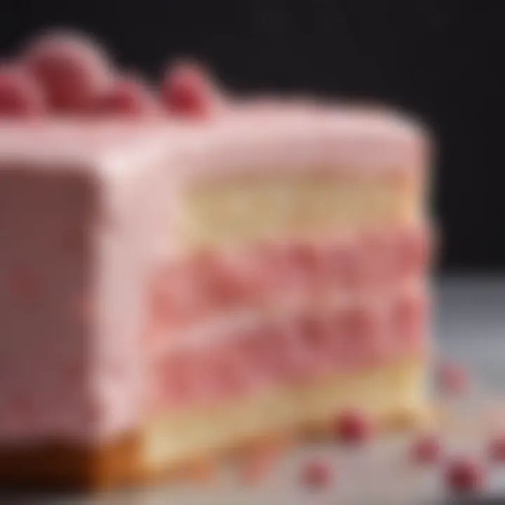 A close-up view of a slice of pink champagne cake revealing its moist texture and vibrant color