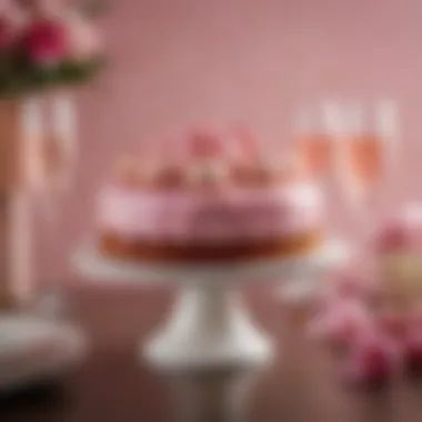 A festive setting with pink champagne cakes as the centerpiece, surrounded by elegant decorations